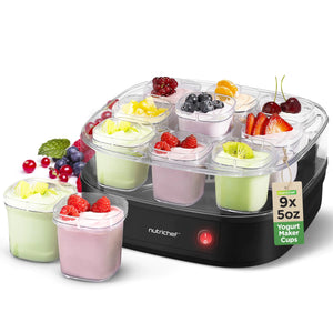 Nutrichef 9 Cup Automatic Yogurt Maker | Includes 9 - 5 oz Reusable Cups with Lids & Yogurt Rack for Instant Storage | Makes up to 45 OZ of Yogurt | Greek Yogurt Maker | Space Saving design | Black Mimarta