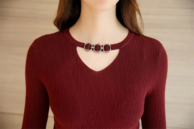 2020 Fall/Winter V-Neck Fitted Long Sleeve Sweater Mimarta