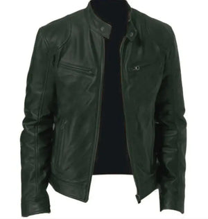 Men's Zip Cardigan PU Leather Jacket With Stand Collar Rieworkes