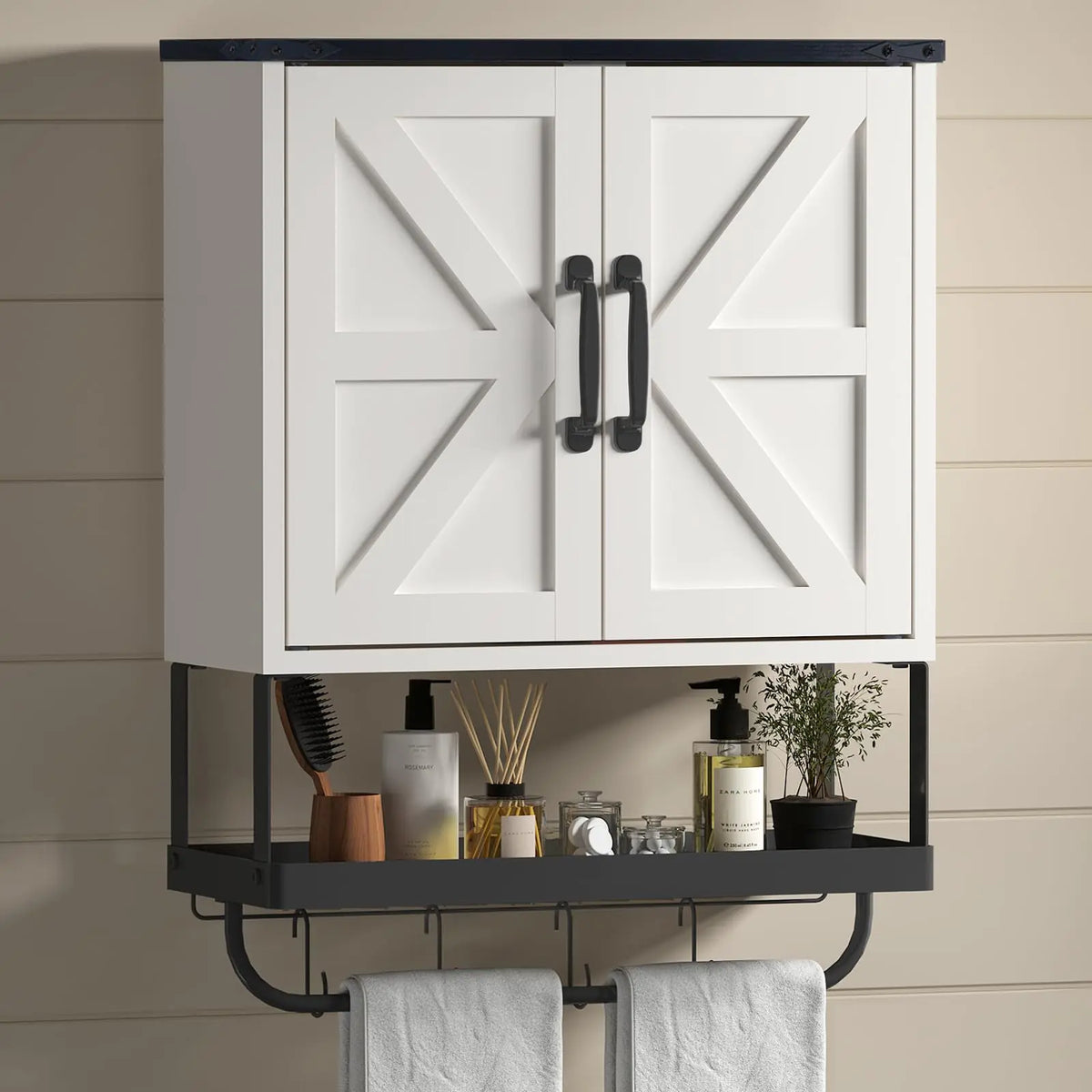 Timboniture Bathroom Cabinet Wall Mounted with 2 Barn Door Wood Medicine Cabinet Organizer with Adjustable Shelf and Towel Bar Storage Cabinet for Bathroom Laundry Living Room (White) Mimarta