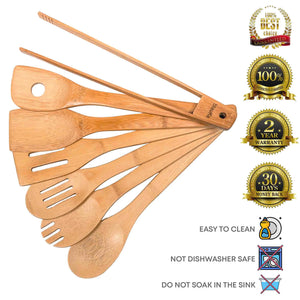 Wooden Spoons for Cooking 7-Pack - Bamboo Kitchen Utensils Set for Nonstick Cookware Rieworkes