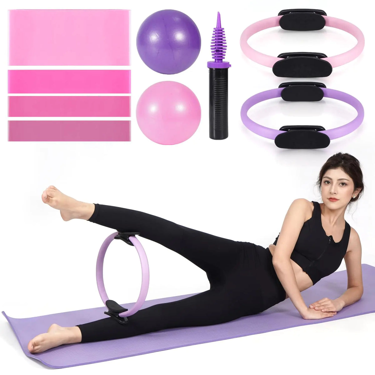 Pilates Ring Circle and Pilates Ball Set 12 Inch&14Inch Magic Circle Pilates Ring9 Inch Small Exercise BallResistance Bands Set Home Pilates Equipment for Women (Pink & Purple Ring Circle) Mimarta