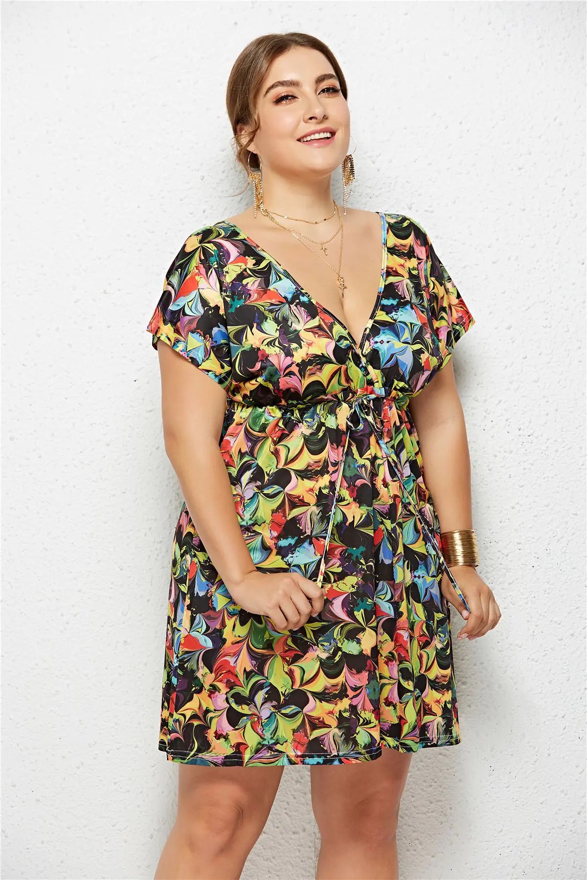 Printed Deep V-Neck Dress with Elastic Waist Mimarta