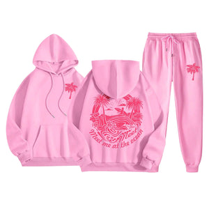 Pom Puff Sweatsuits Sets for Women Meet Me at The Ocean Palm Tree Graphic Hoodies with Bottom Sweatpants Tracksuits Set Mimarta