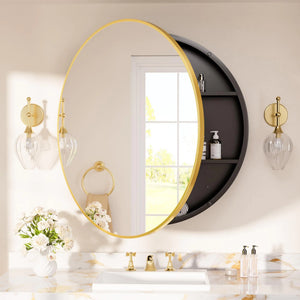 TETOTE Gold Round Bathroom Medicine Cabinet with Mirror 30 x 30 Bathroom Mirror Cabinet Adjustable Shelves Farmhouse Wall Mirror with Storage Surface Mounted Mimarta