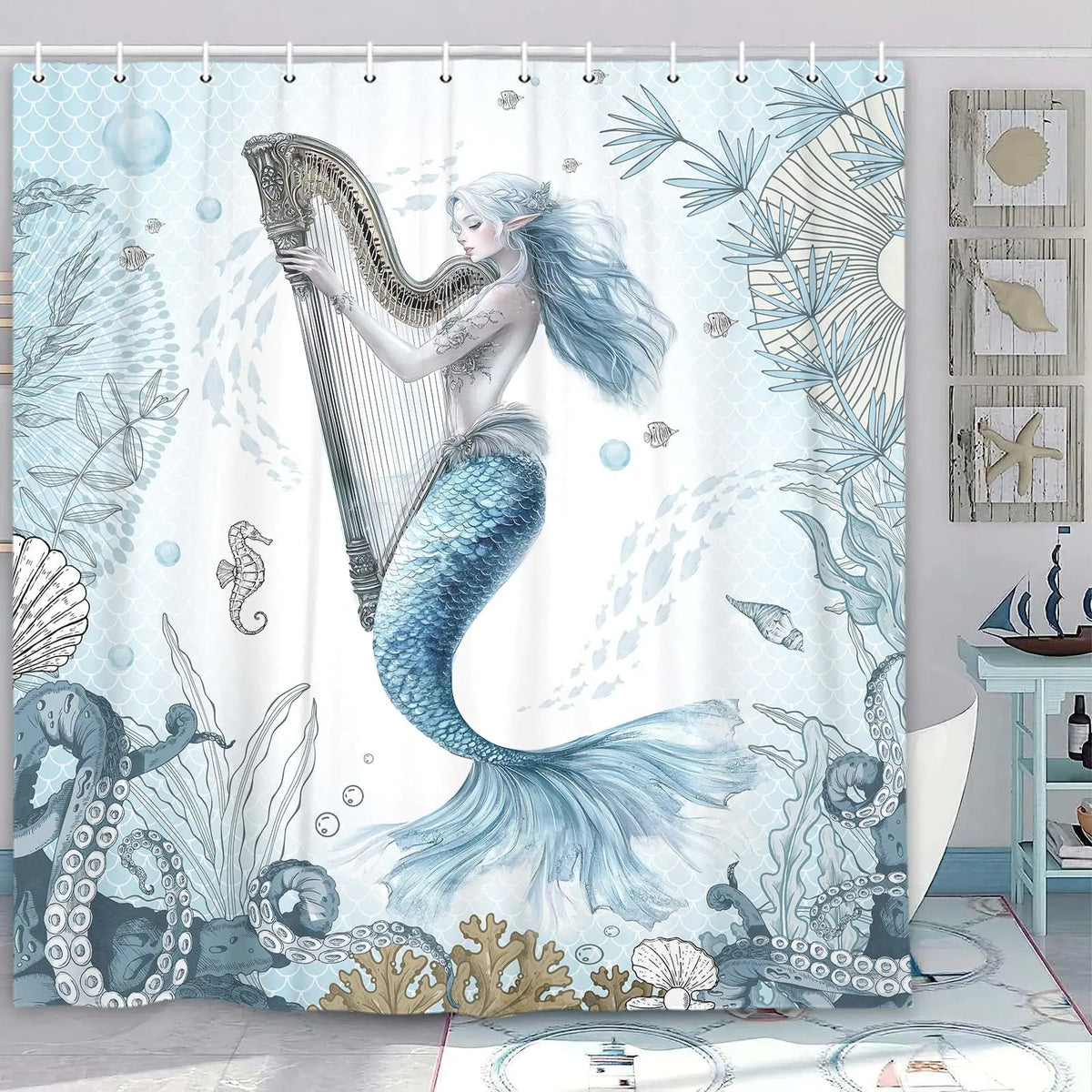 Mermaid Shower Curtain Ocean Underwater Mermaid Jellyfish Octopus Teal Blue Sea Nautical Beach Shower Curtain Tropical Coral Plant Fish Girls Coastal Shower Curtain Curtain with 12PCS Hooks 70X75 Mimarta
