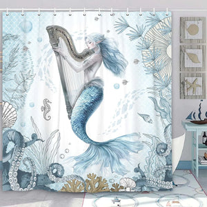 Mermaid Shower Curtain Ocean Underwater Mermaid Jellyfish Octopus Teal Blue Sea Nautical Beach Shower Curtain Tropical Coral Plant Fish Girls Coastal Shower Curtain Curtain with 12PCS Hooks 70X75 Mimarta