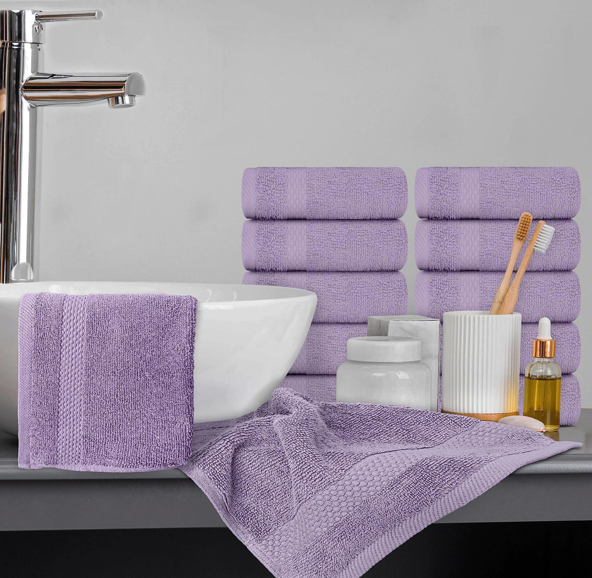 Luxury Washcloths for Bathroom Hotel Spa Bulk Set of 12 Lavender 13x13 Inch Rieworkes
