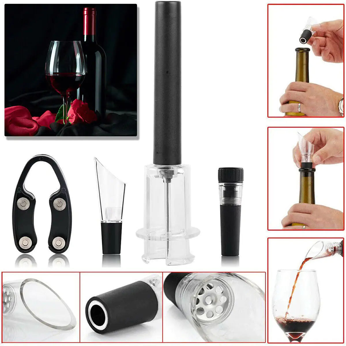 Pour And Preserve Set of 4 Foil Cutter Air Wine Opener Aerator And Wine Stopper Rieworkes