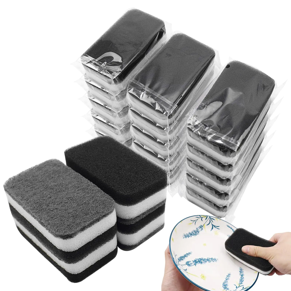 Kitchen Dishwashing Sponge Individually Wrapped Sponges Bulk Non Scratch Scouring Pad Odor-Free Dish Sponges for Washing Dishes Wipes for Household Cleaning Dishes Travel Apartments (Black- 24 Pack) Mimarta