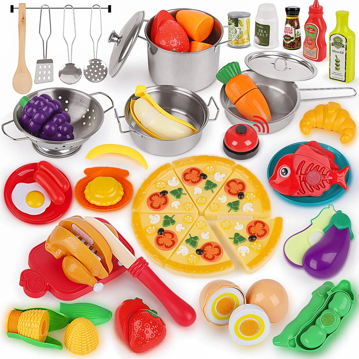 Pretend Play Kitchen Accessories- 64pcs Stainless Steel Play Pots Pans with Cutting Toy Food Toy Cookware Cooking Utensils Pretend Food Toy Pizza Toy Kids Kitchen Playset for Toddler Boys Girl Rieworkes