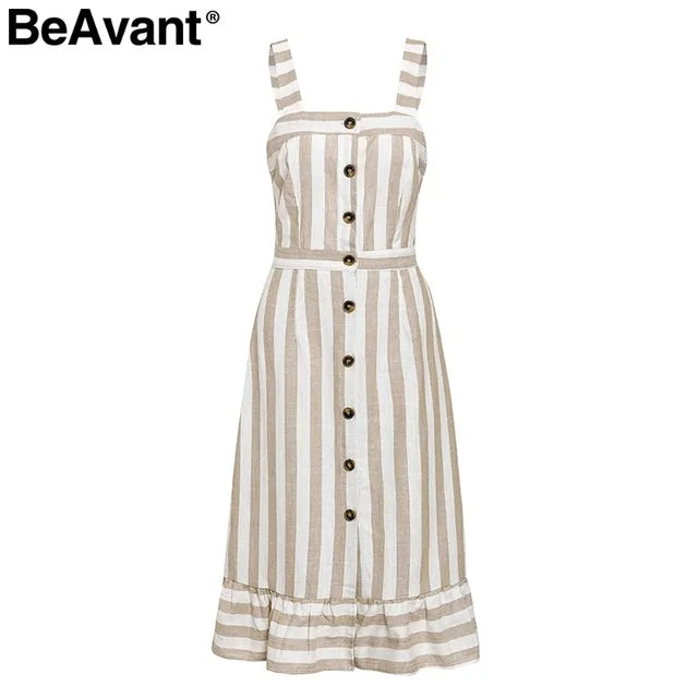 BeAvant Casual striped linen cotton dress women Button strap beach summer dress 2019 Sexy backless midi ladies dresses vestidos Rieworkes