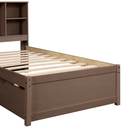 Modern Twin Size Bed Frame With Built-in USB Port On Bookcase Headboard And 2 Drawers For Walnut Color Rieworkes