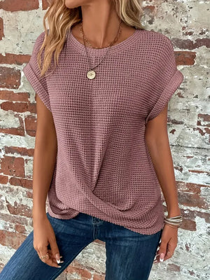 Chic and Comfy: Summer Solid Color Waffle Crew Neck Tee for Women Rieworkes