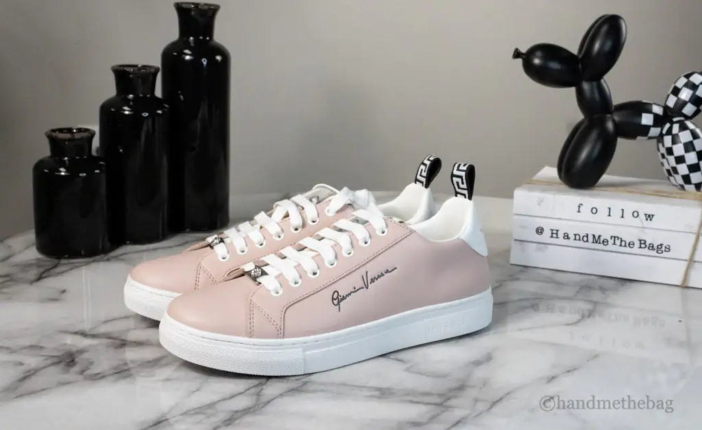 Versace Powder Blush Vitello Leather Signature Lace Sneakers Mimarta