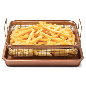 GWONGBAY 2-Piece Copper Crisper Tray13"L x9" W Oven PanCopper ChefOven Air Fryer Tray & Mesh Basket SetAir Fryer PanMicrowave Bacon TrayBroiler Pan for OvenBaking Set Kitchen Supplies -Copper Mimarta