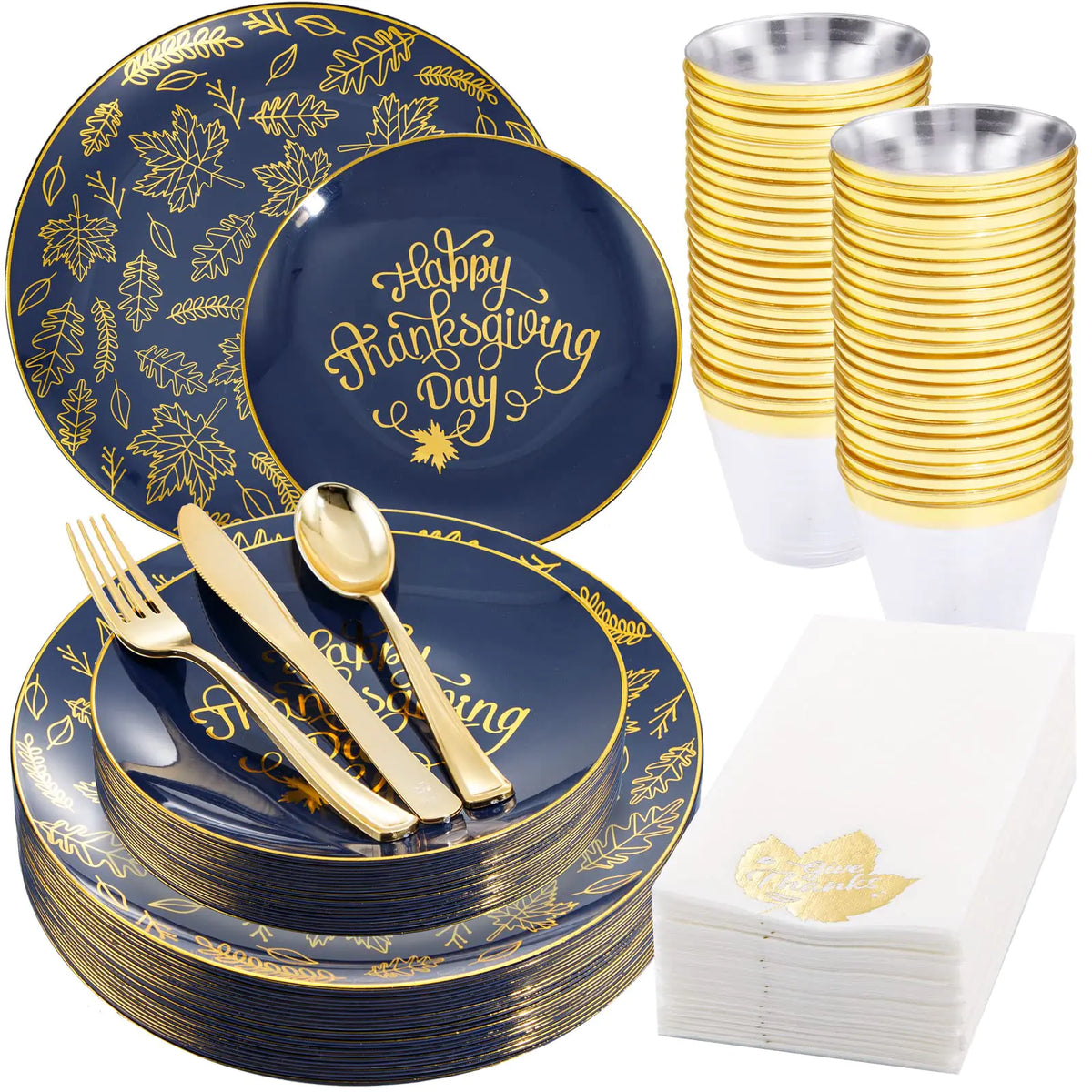 Morejoy 175PCS Thanksgiving Plastic Plates Blue Gold Thanksgiving Dinnerware Sets Include: 25Dinner Plates 25 Salad Plates 25 Silverware Set 25 Napkins Fall Plates Disposable for Thanksgiving Day Mimarta