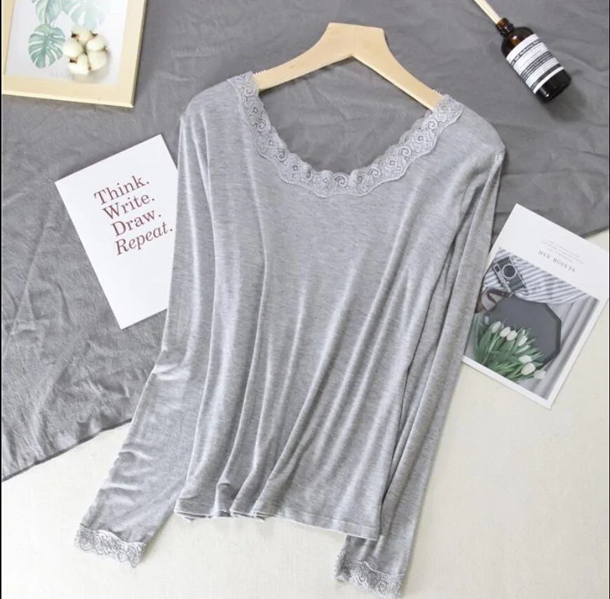 Women Lace V-neck Long-sleeved Thermal  Slim Warm Top Rieworkes