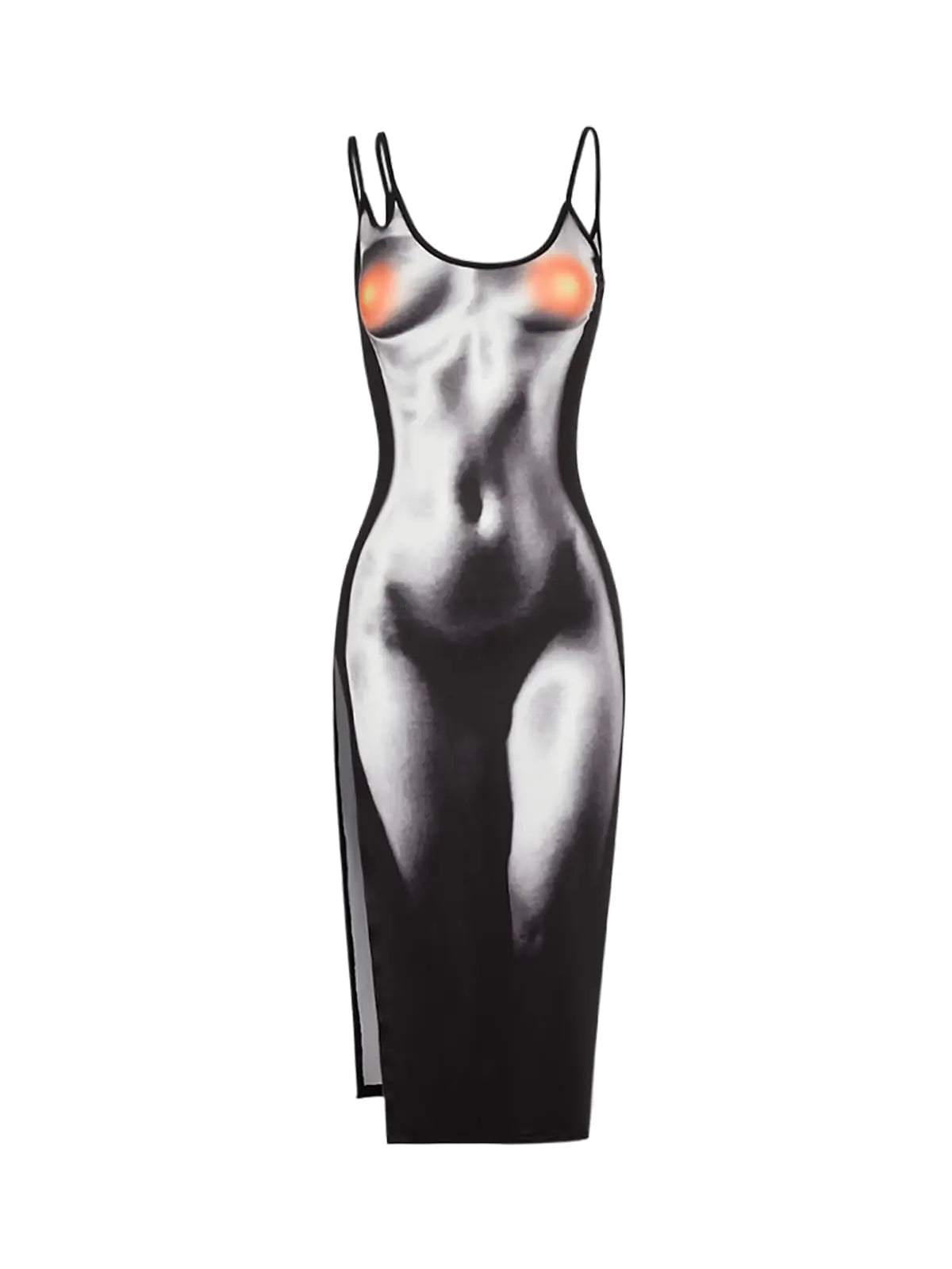 CAPE CLIQUE Sexy 3D Body Print Dress Party Club Dresses for Women Midi Y2K Bodycon Spaghetti Strap Sleeveless High Slit Thermal Heat Grey Small Mimarta