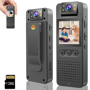 HONGHOO - 128GB Pocket Camcorder Body Cameras with Audio and Video Recording.180° Rotatable Lens True HD 1080P 1.4" Screen to Play Body Camera for Mimarta