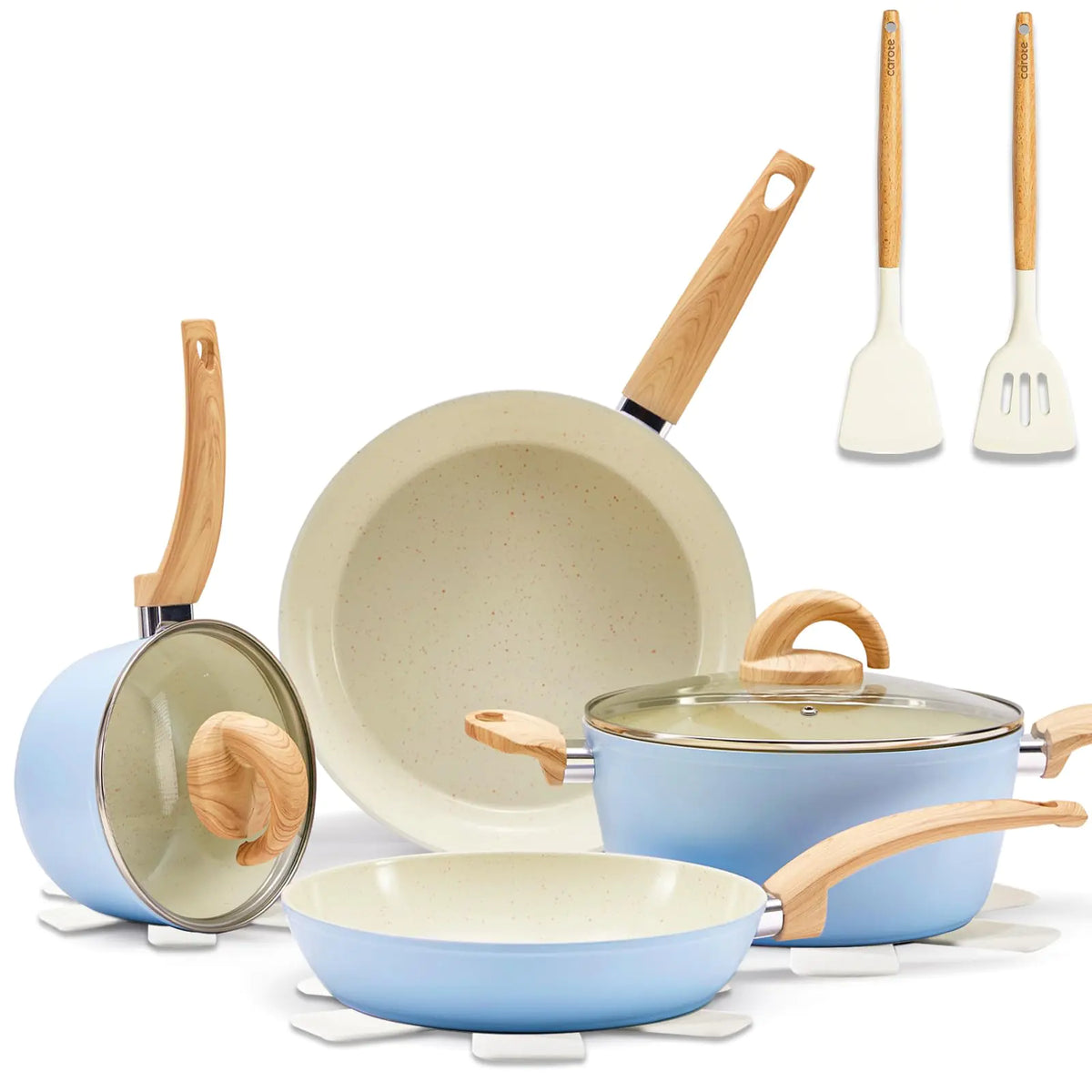 Vkoocy Blue Non Stick Pots and Pans Set Healthy Ceramic Cookware Set 12pcs Kitchen Cooking Pots and Frying Sauce Saute Pans Set PFAS-Free with Kitchen Utensils and Lid Rieworkes
