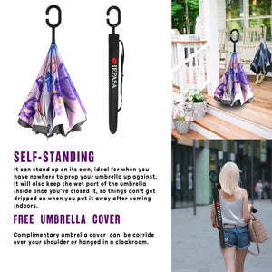 SIEPASA 49/56 Inch Inverted Reverse Upside Down Umbrella, Extra Large Double Canopy Vented Windproof Waterproof Stick Golf Umbrellas with C-shape Handle. Blue Butterfly 49 Inch Rieworkes