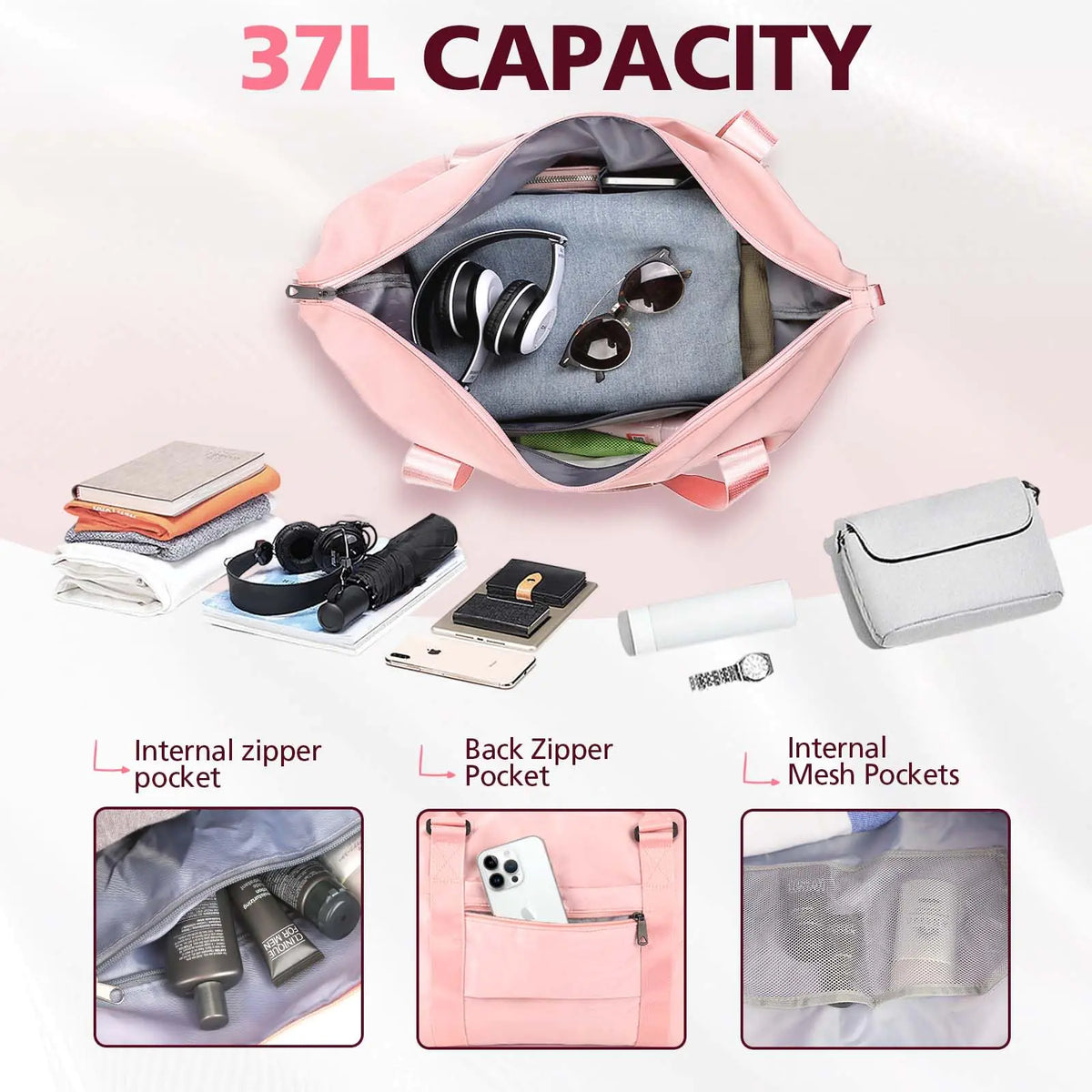 Travel Duffle Bag, Waterproof Weekender Bag Carry On Tote Bags for Women, Travel Essentials Sport Gym Bag for Men, Hospital Bag for Labor and Delivery, Overnight Bag Luggage Bag with Trolley Sleeve 01 Coral Pink Rieworkes