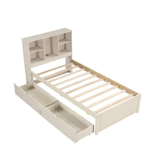Modern Twin Size Bed Frame With Built-in USB Port On Bookcase Headboard And 2 Drawers For White Washed Color Rieworkes