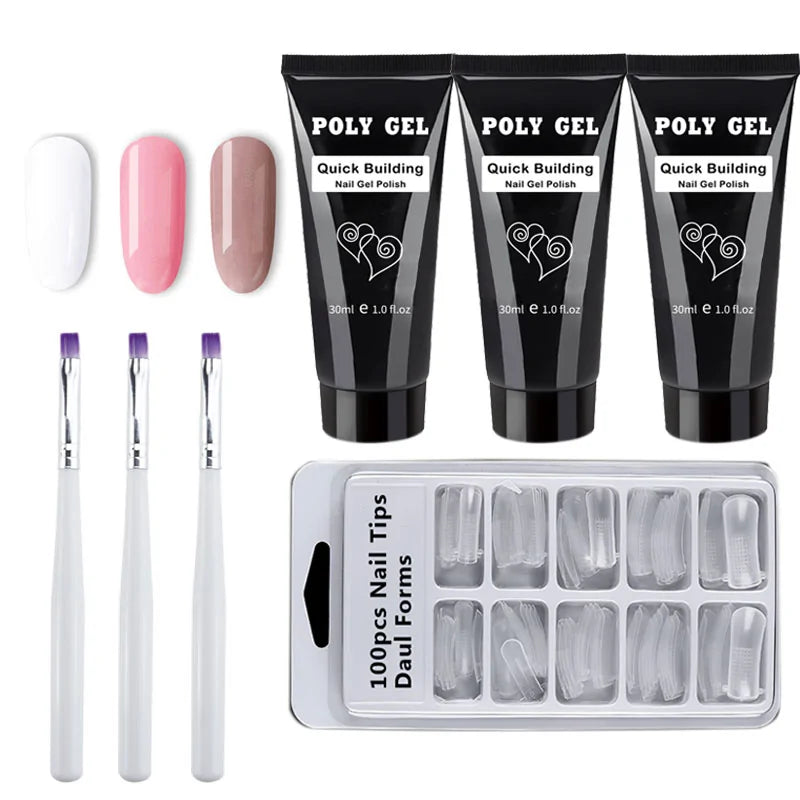 French Nail Art Poly Gel Kit with UV Brush and Nail Tips Rieworkes