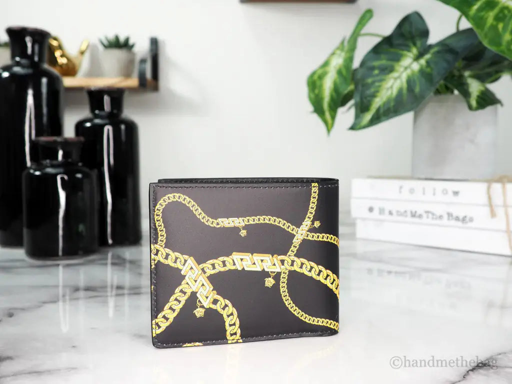 Versace Black Leather Gold Medusa Chain Logo Bifold Wallet Mimarta
