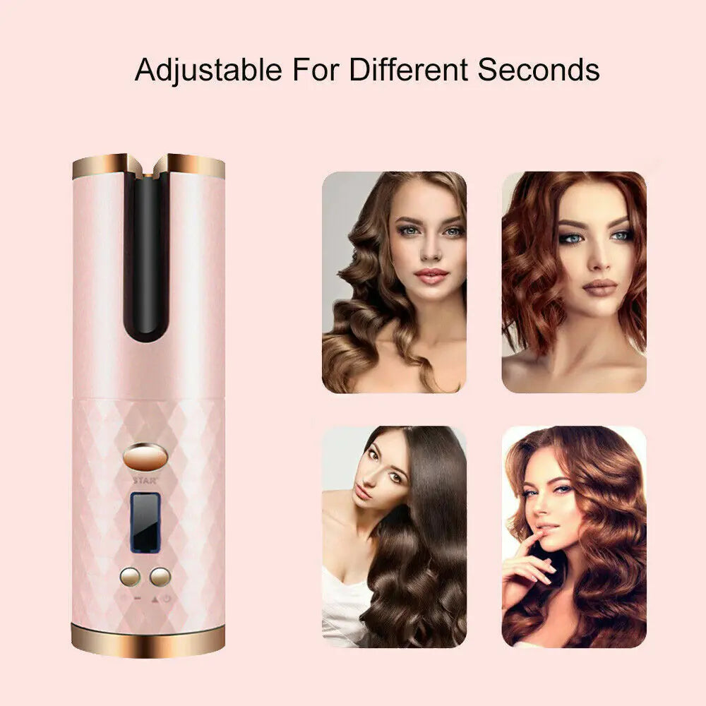 Hair Curler LCD Cordless Auto Rotating Waver Curling Iron Ceramic Wireless USA Rieworkes