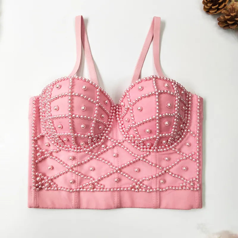Women's Fashionable Elegant Pearl Spaghetti-strap Camisole Top With Chest Pad Rieworkes