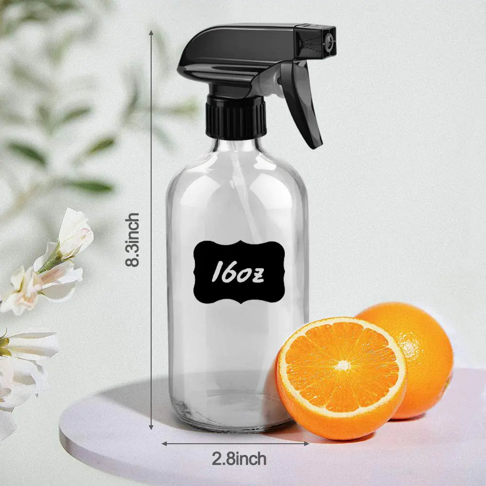 Glass Spray Bottles, 16oz Clear Glass Spray Bottles with Labels & Adjustable Nozzle, Reusable Containers for Cleaning, BBQ, Food, Plants, Alcohol, Essential Oils(3 Pack) 3 Pack Rieworkes