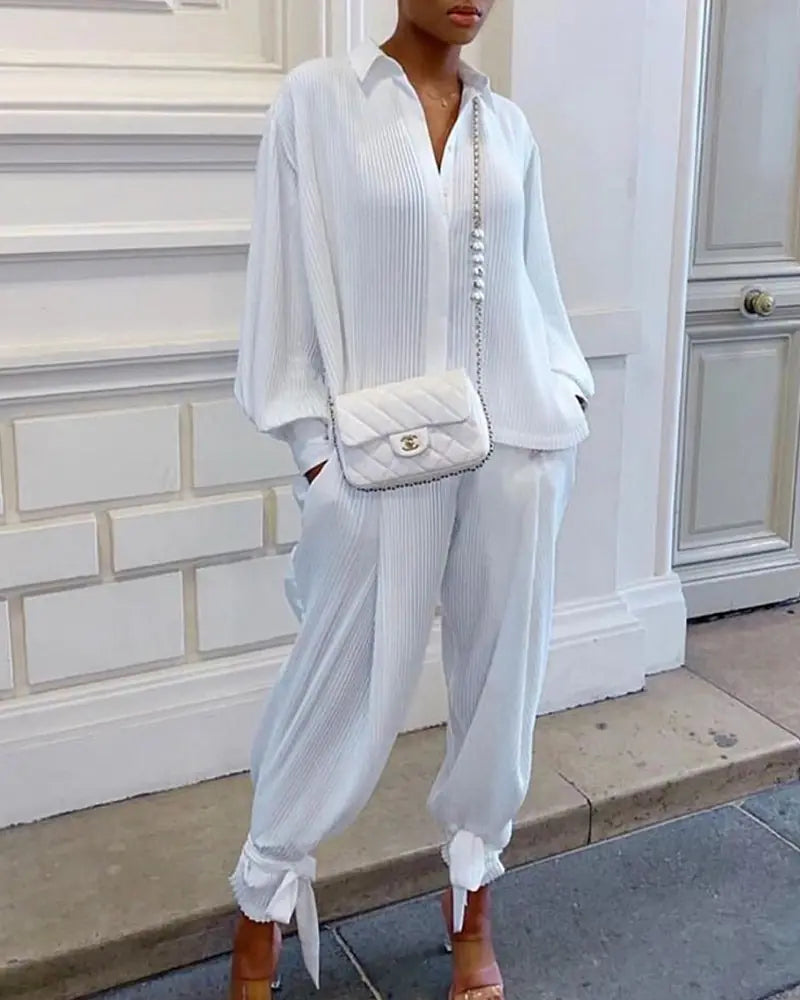 New Women's Wrinkle-Effect Long Sleeve Shirt Set Mimarta