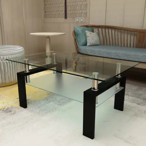 Rectangle Black Glass Coffee Table, Clear Coffee Table, Modern Side Center Tables For Living Room, Living Room Furniture Rieworkes