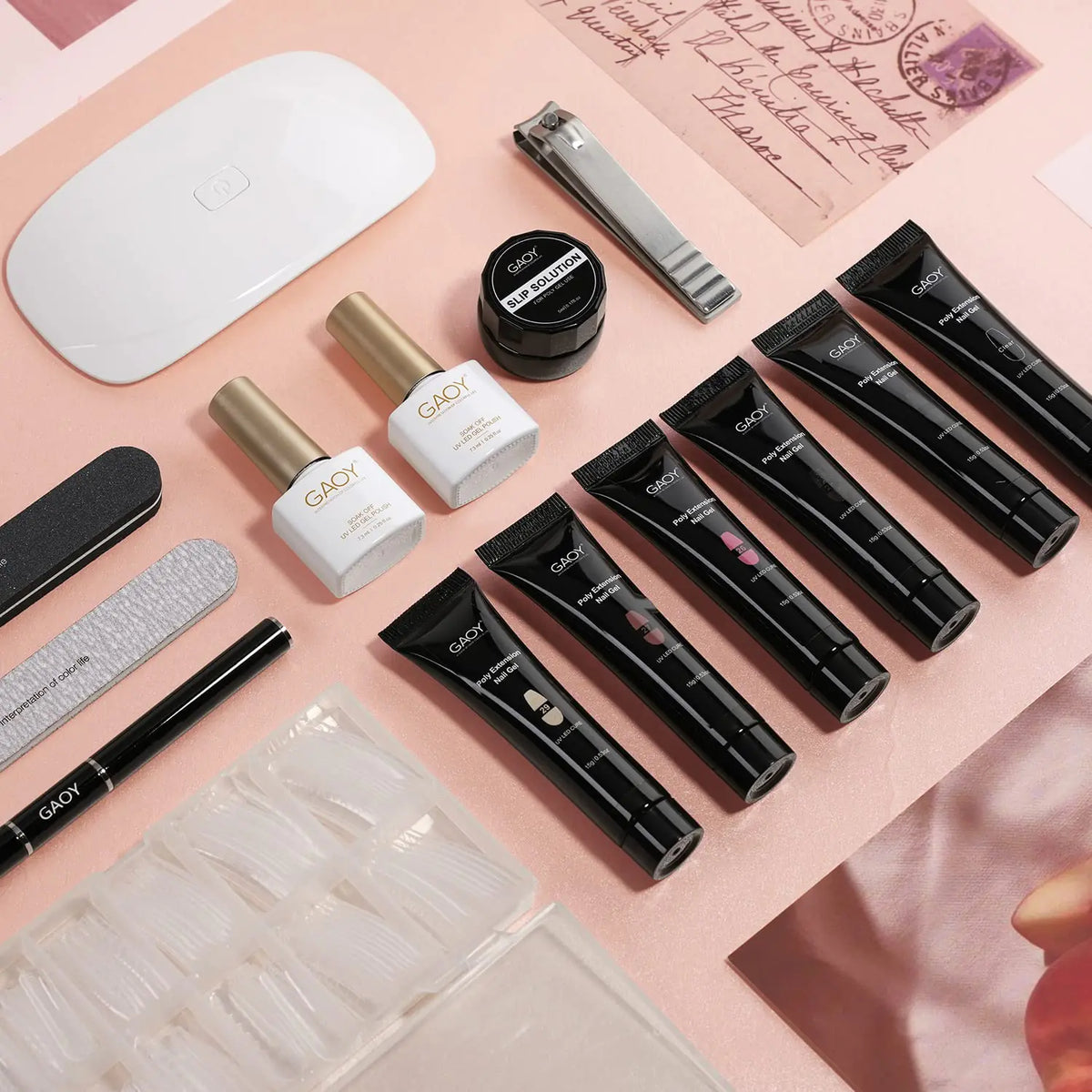 GAOY Poly Gel Nail Kit with U V Light Starter Kit, 6 Colors Nude Pink Black Builder Gel Nail Extension Kit for Beginners with Everything Nail Art DIY at Home Set C Rieworkes