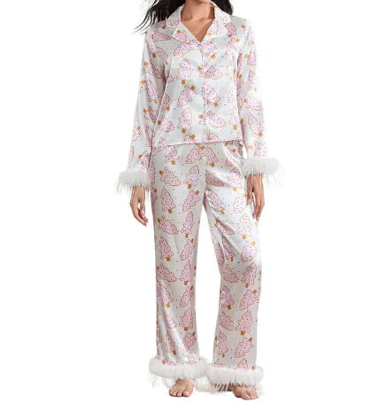 Christmas Satin Printed Long Sleeve Pants Pajamas Suit Rieworkes