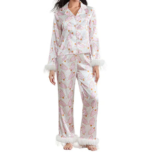 Christmas Satin Printed Long Sleeve Pants Pajamas Suit Rieworkes
