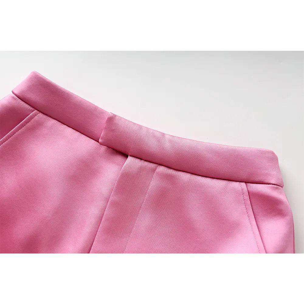 Fashionable Pink Satin Suit Jacket and Skirt Set Mimarta