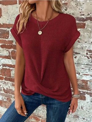 Chic and Comfy: Summer Solid Color Waffle Crew Neck Tee for Women Rieworkes