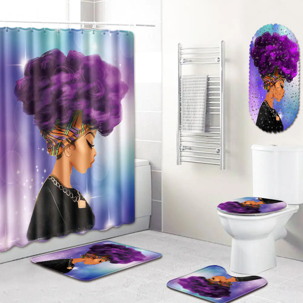 African Woman Bathroom Set with Shower Curtain and Mats Mimarta
