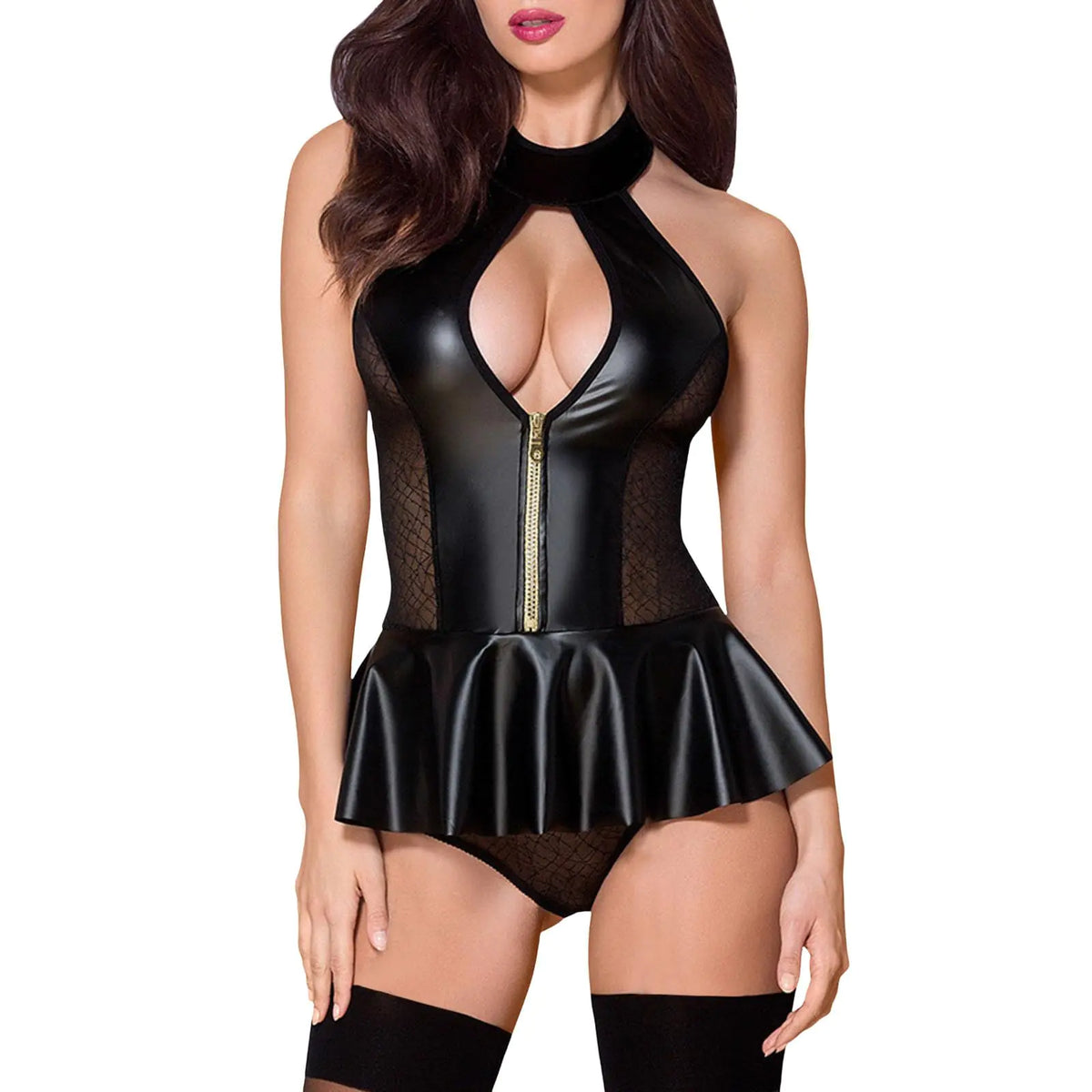 Sexy Womens Plus Size Lingerie Leather Mesh Bra Wetlook Snap Crotch Sleeveless Spaghetti Strap One Piece High Cut Bodysuit Leotard Deep V Halter Cut Out Fishnet Body Suit Bridal Lingerie Negligee Mimarta