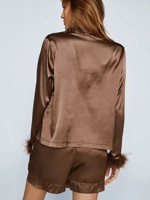 Linad Feathers Pajamas For Women 2 Piece Sets Brown Long Sleeve Rieworkes