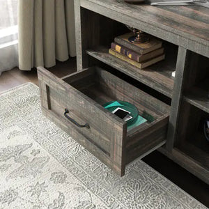 70 Inch Length TV Stand For Living Room And Bedroom, With 2 Drawers And 4 High-Capacity Storage Compartment, Black Pine Rieworkes