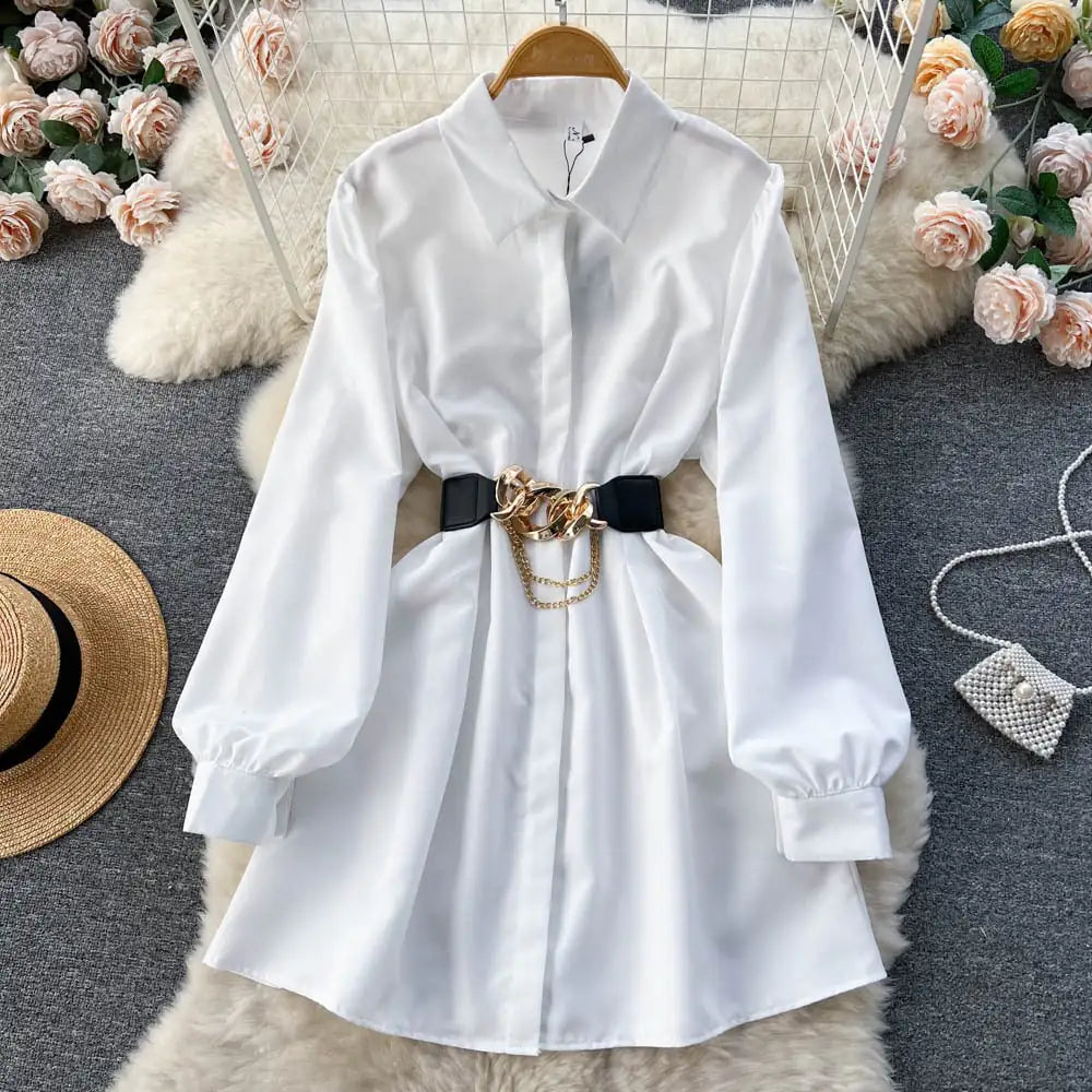 Metal Buckle White Dress Shirt Mimarta