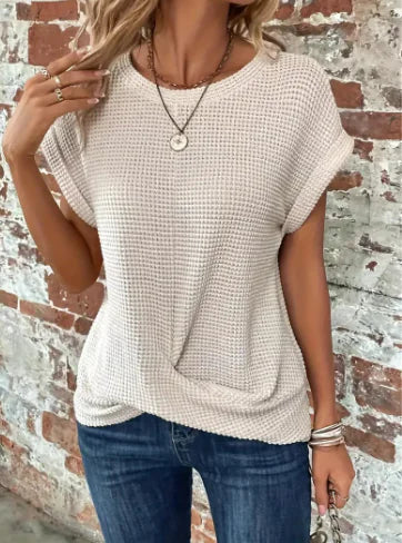 Chic and Comfy: Summer Solid Color Waffle Crew Neck Tee for Women Rieworkes