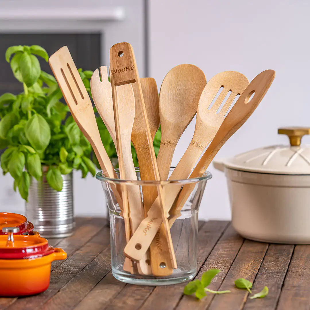 Wooden Spoons for Cooking 7-Pack - Bamboo Kitchen Utensils Set for Nonstick Cookware Rieworkes
