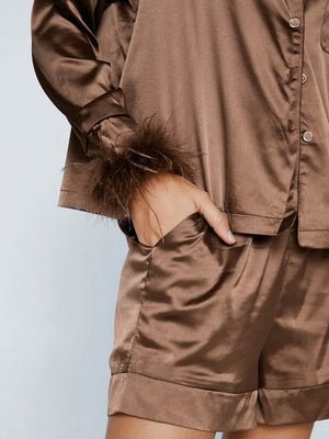 Linad Feathers Pajamas For Women 2 Piece Sets Brown Long Sleeve Rieworkes