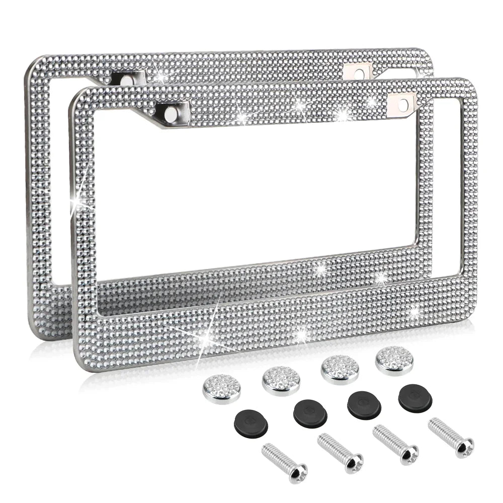 2PCS Bling License Plate Frame Glitter Crystal Sparkling Rhinestone Diamond Caps Rieworkes