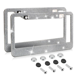 2PCS Bling License Plate Frame Glitter Crystal Sparkling Rhinestone Diamond Caps Rieworkes